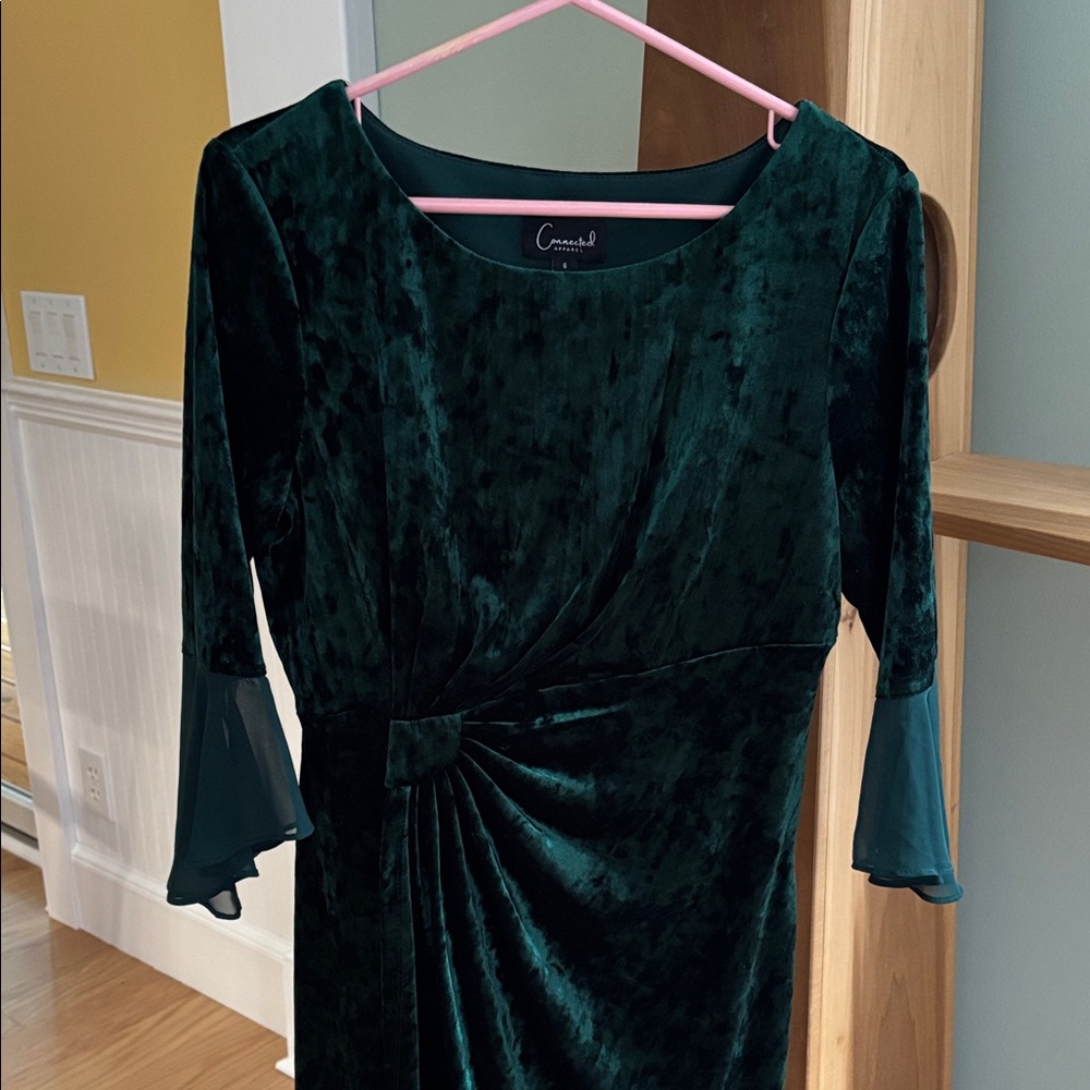 Crescent Deep Emerald Velvet Midi Dress with Sheer Bell Sleeves